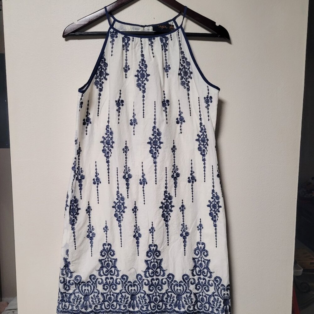 Just Taylor Blue White Embroidered A-Line Dress Size 6 Sleeveless Boho Sundress